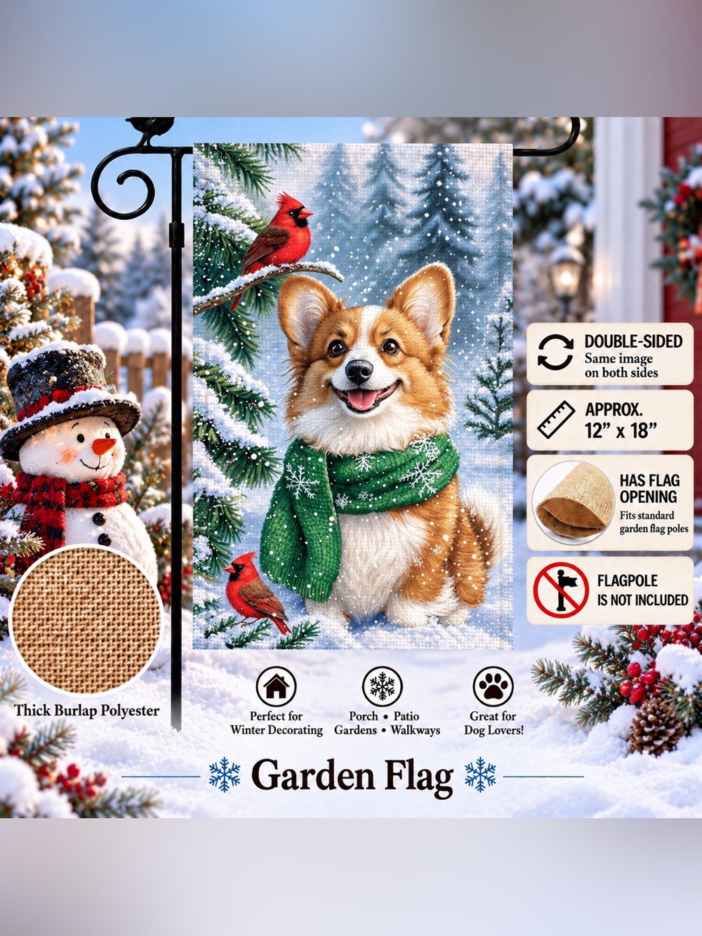 Garden flag, corgi dog, burlap polyester, double-sided, 12” x 18”